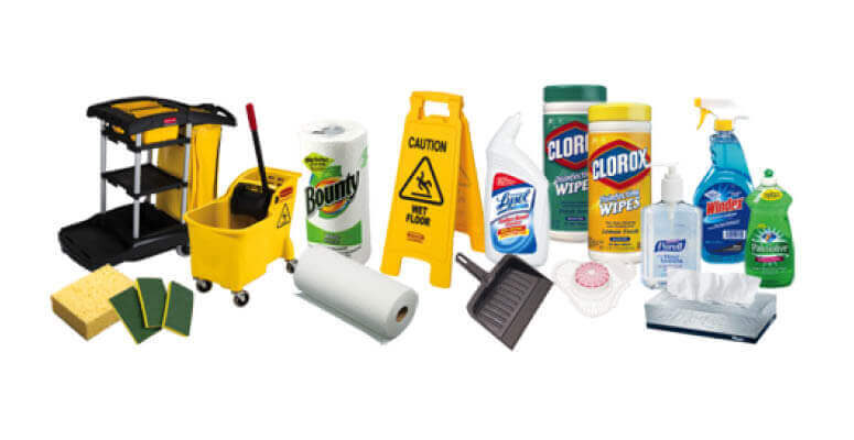 Janitorial cart, mop bucket and cleaning products